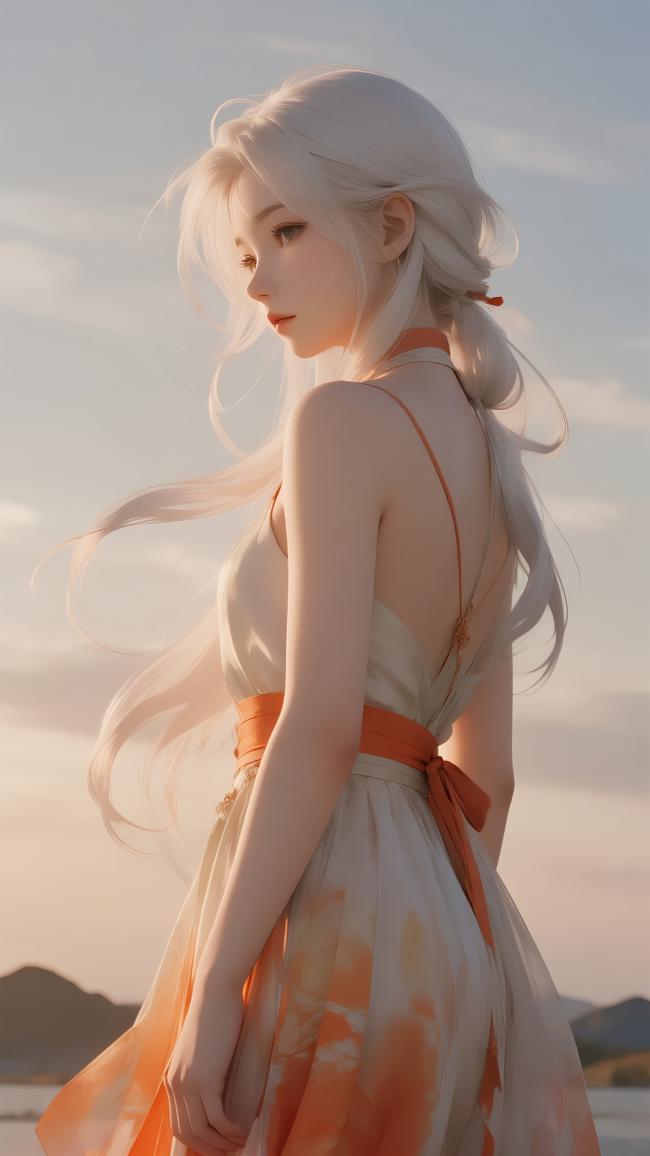 白发汉服少女海边日落写真