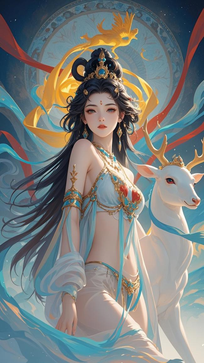 仙侠女神与白鹿共舞星空图