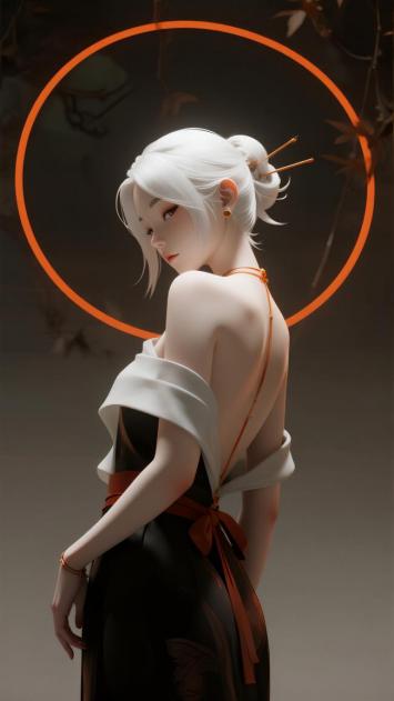 白发仕女背影如画，橙光环绕东方神韵