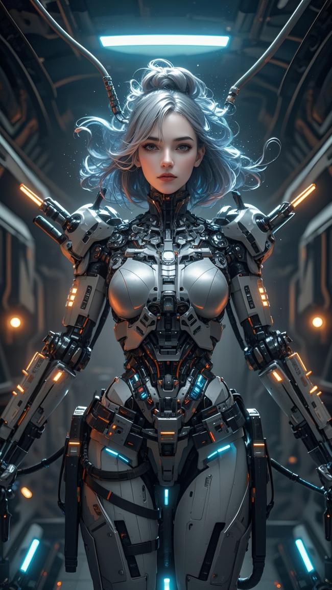 赛博朋克女机甲战士：霓虹与钢铁的视觉盛宴