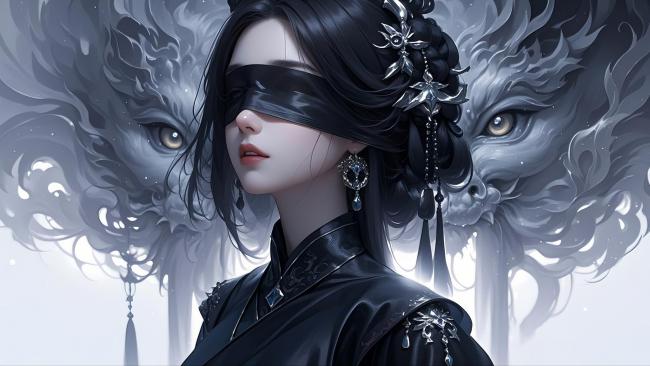 暗黑古风盲女与双龙虚影插画