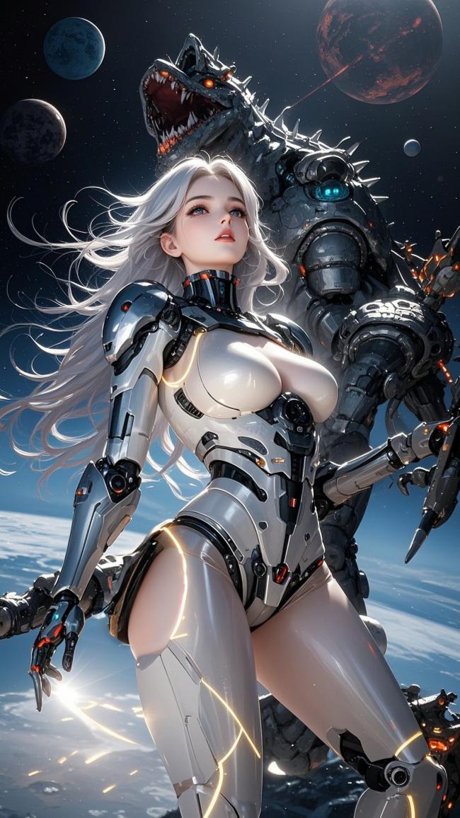 银发机甲女战士与机械巨兽共战星际