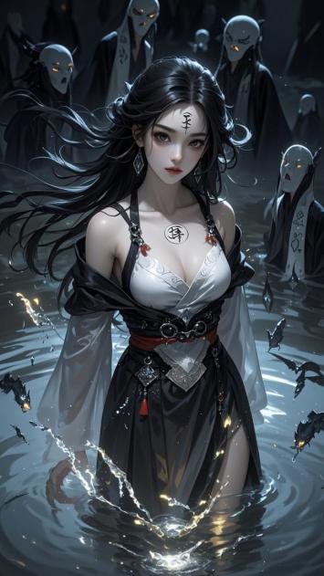 幽冥水畔仙侠女，符咒飘逸鬼影随