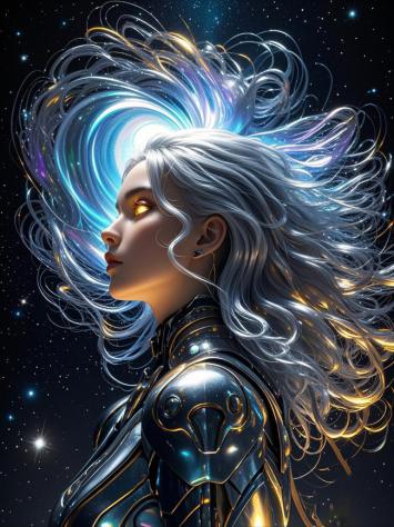 银发赛博女战士：星海中的科技女神