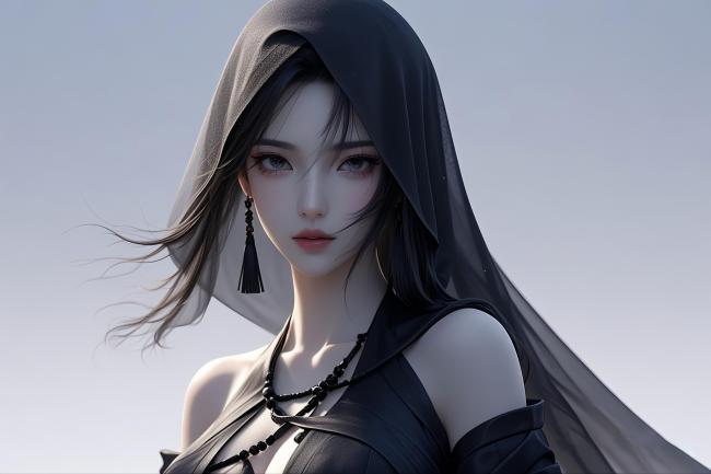 暗黑斗篷女神写真：冷峻眼神与飘逸黑纱交织