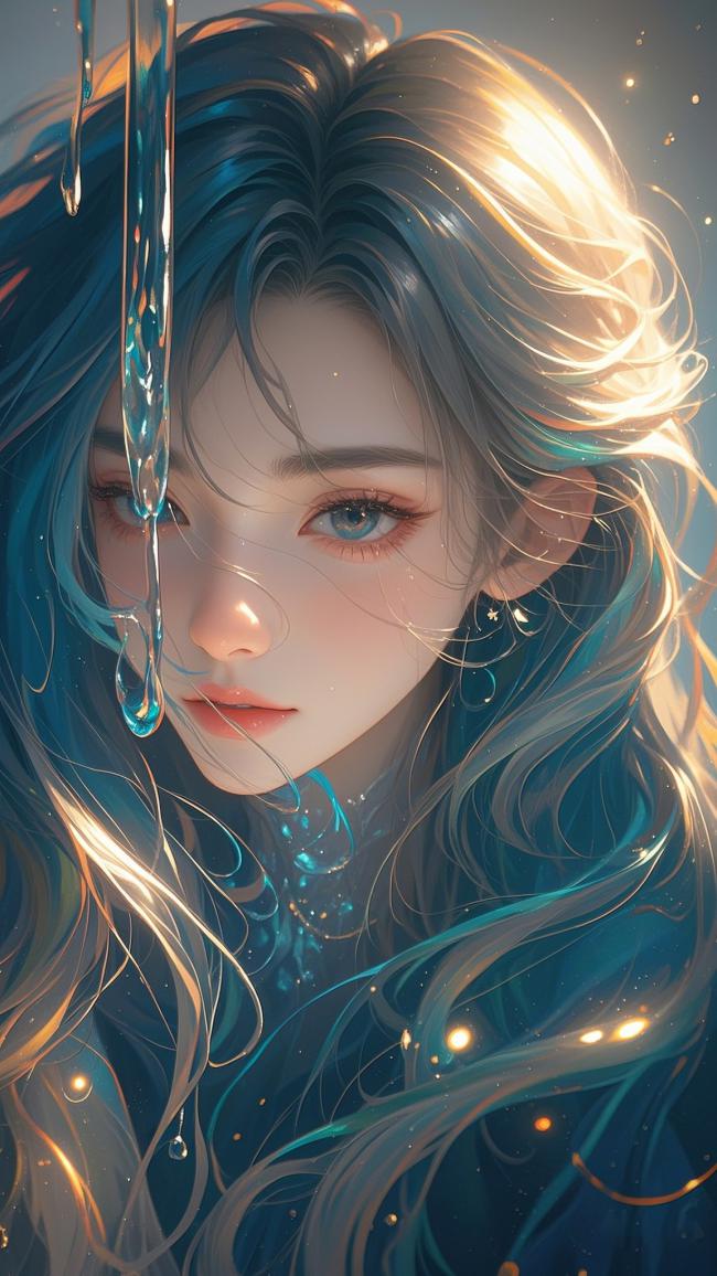 蓝发少女水滴光影特写插画