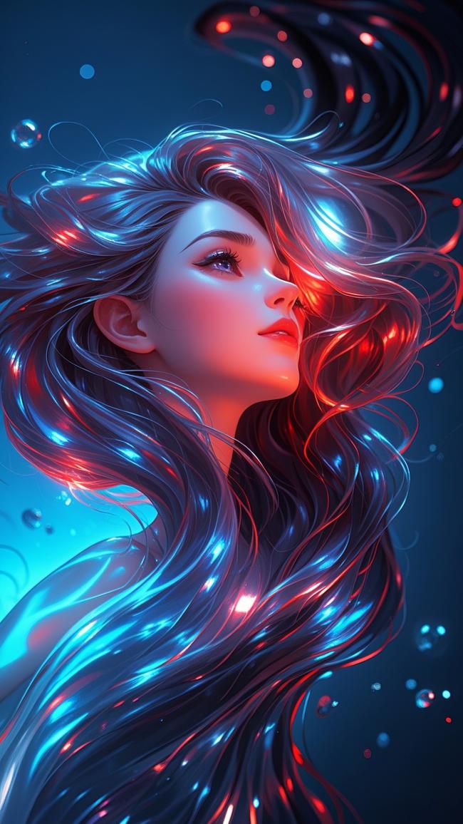 霓虹长发少女赛博朋克肖像