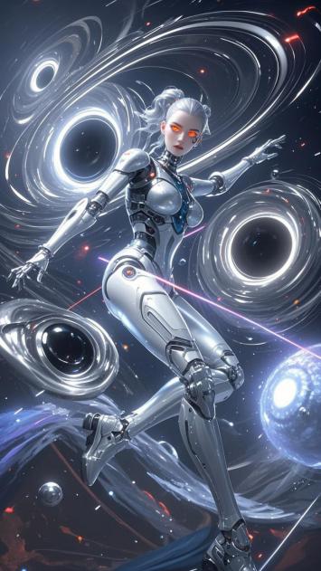 赛博朋克机甲女战士穿梭黑洞星海