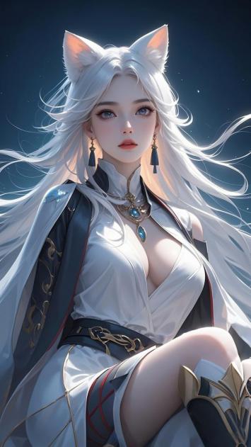 白发狐耳少女立绘插画，科幻战袍搭配星空背景