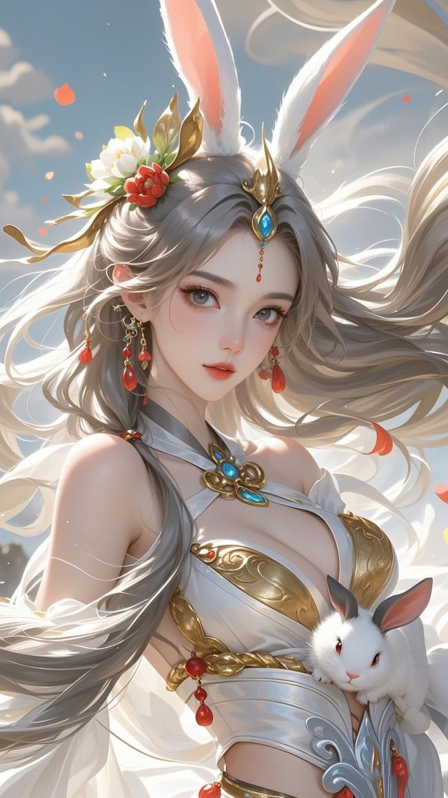 银发兔耳仙子持白兔，赛璐璐风古装插画