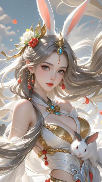 银发兔耳仙子持白兔，赛璐璐风古装插画