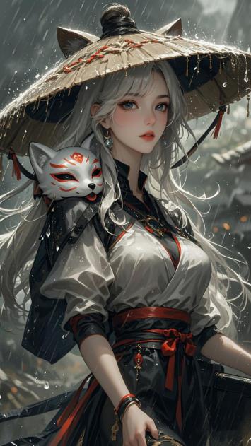 雨中狐面少女·仙侠水墨风插画