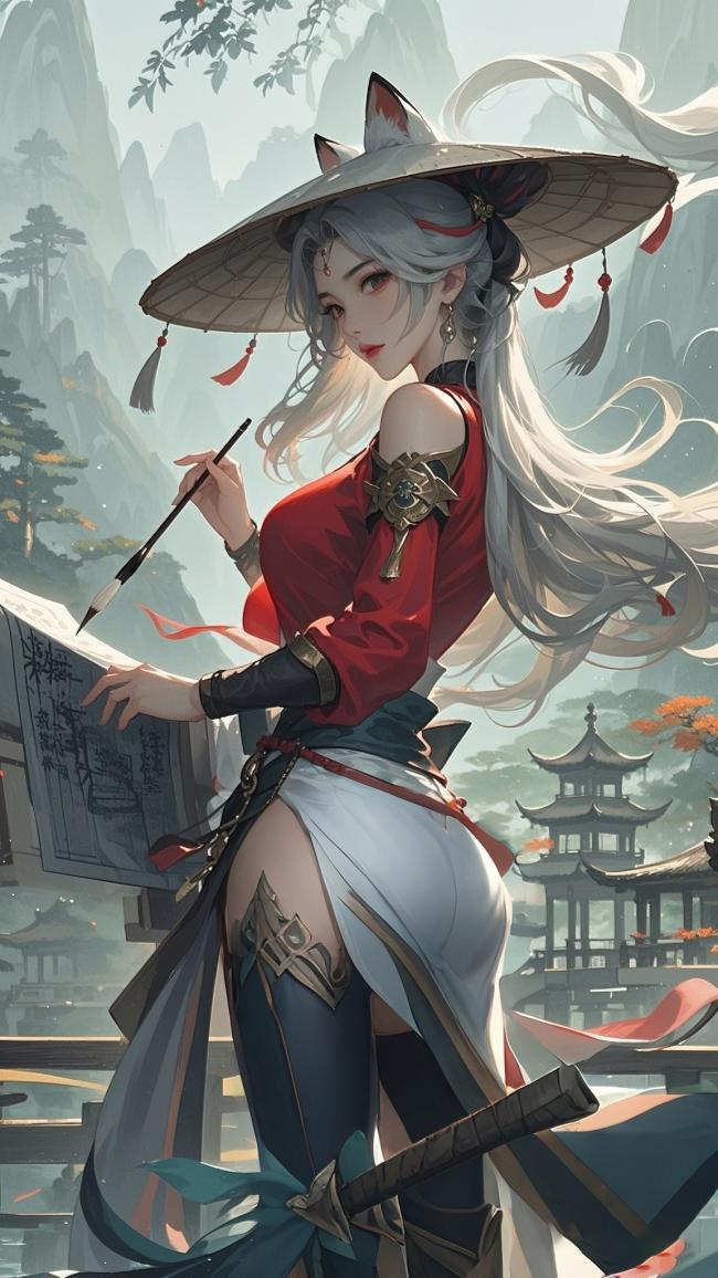 银发狐耳仙侠少女执笔写卷，水墨山河为幕