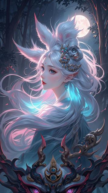 月夜狐仙林间凝望，仙侠玄幻风唯美插画