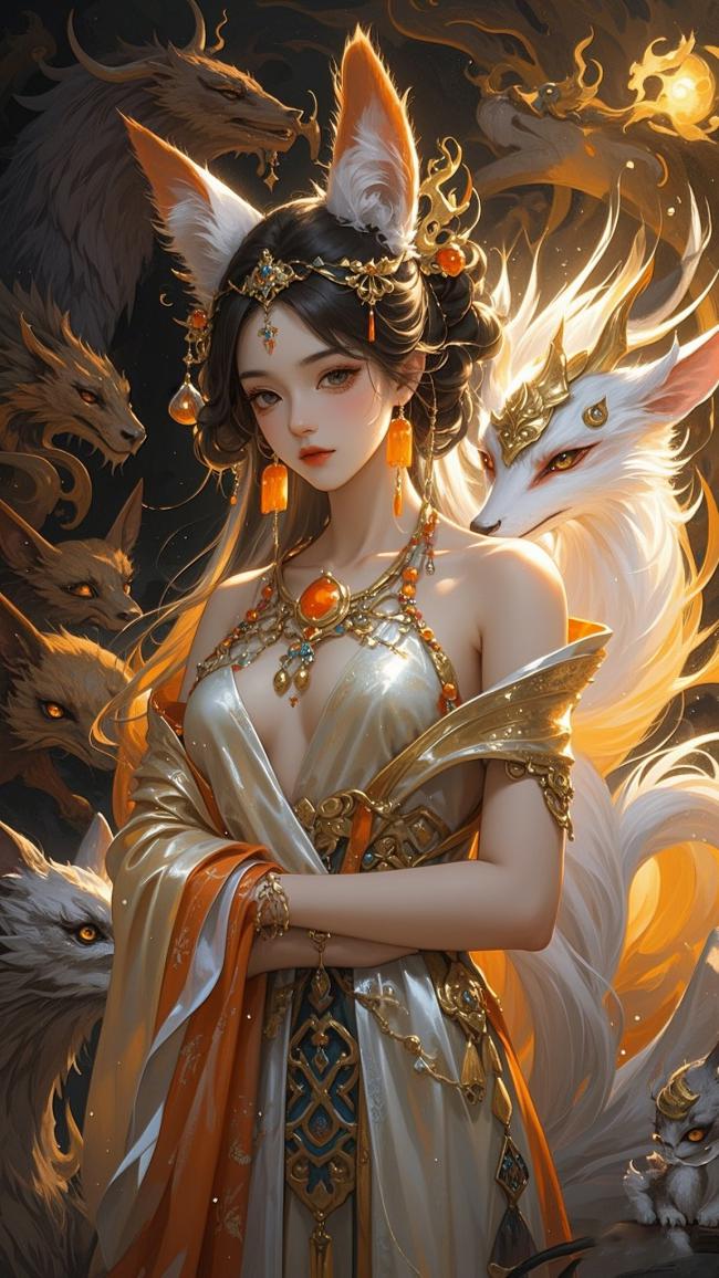 九尾狐仙华服立绘，神域光效环绕