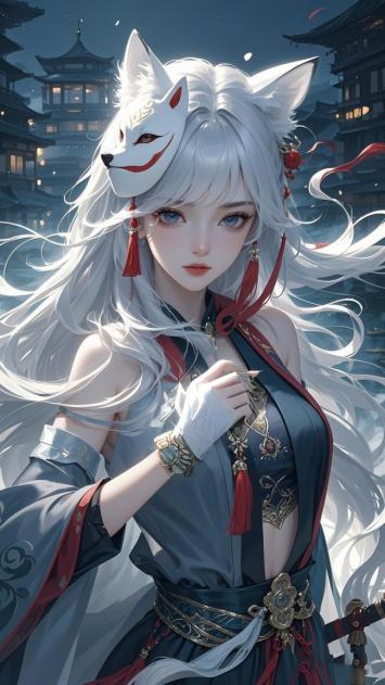 银发狐女古风仙侠插画