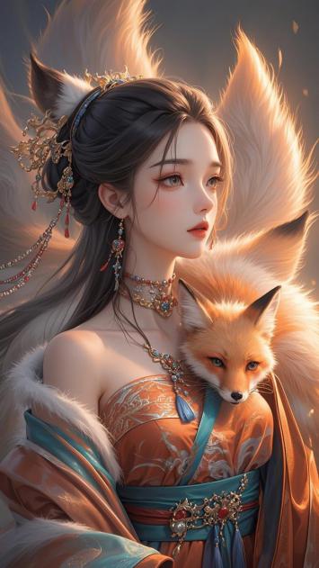 九尾狐仙持狐入梦，华服霓裳映霞光