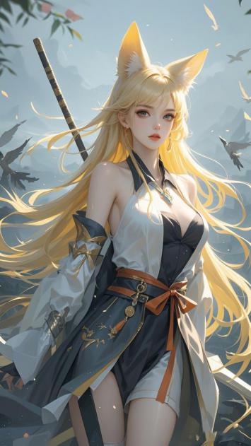 狐耳少女汉服战袍立山巅，花瓣飞鸟环绕梦幻场景