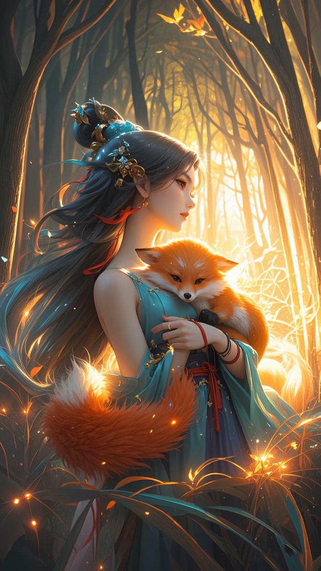 古风少女怀狐立林间，仙侠光影梦幻唯美