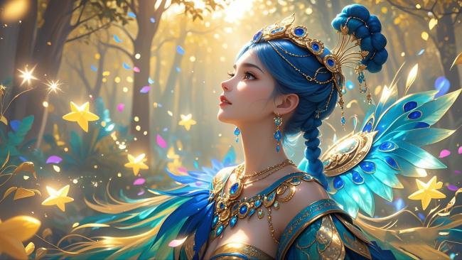 蓝发仙子羽翼飞扬，魔法森林星光漫舞