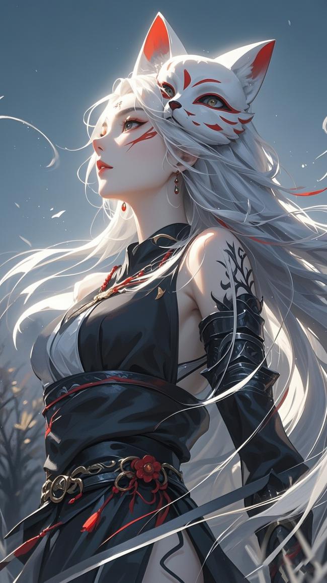 白发狐女动漫插画，黑红战衣配狐面面具
