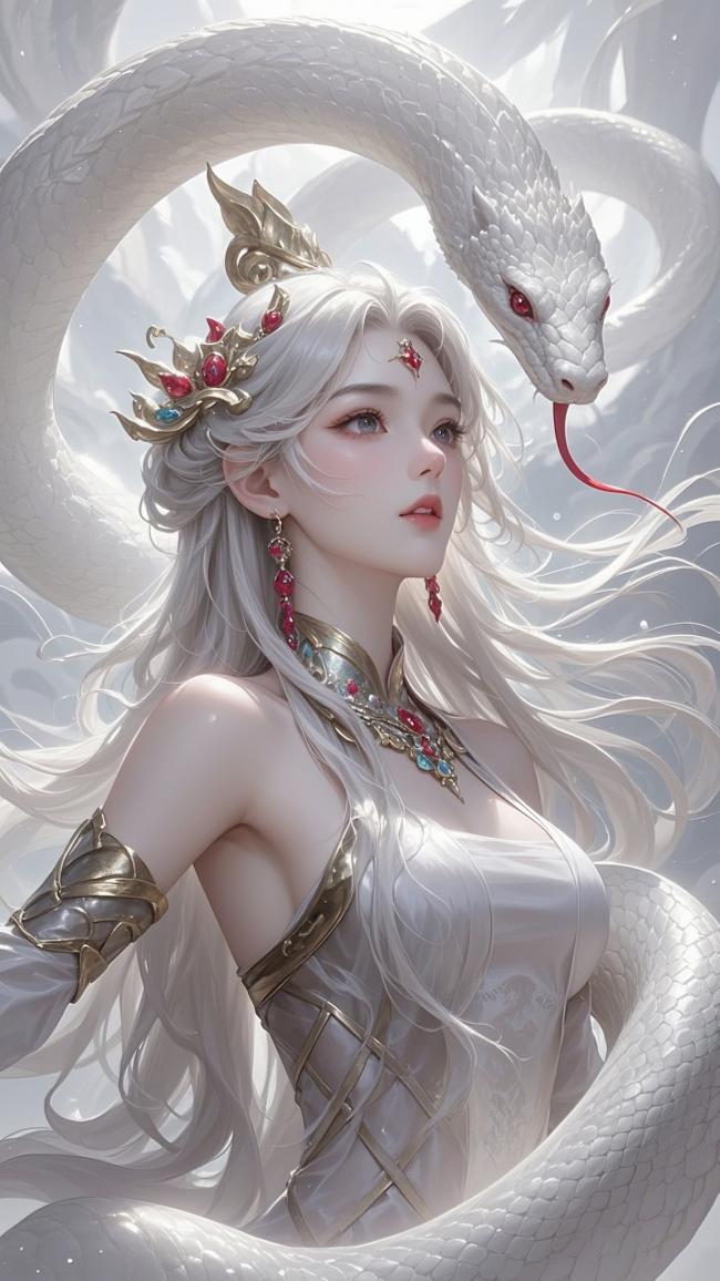银发蛇神仙侠插画，冷光缠绕神秘魅影