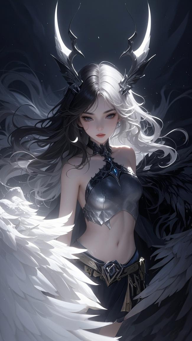 暗黑天使双翼对决：黑白神话角色插画