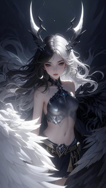 暗黑天使双翼对决：黑白神话角色插画