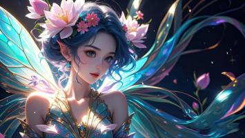 蓝发花冠精灵少女梦幻插画