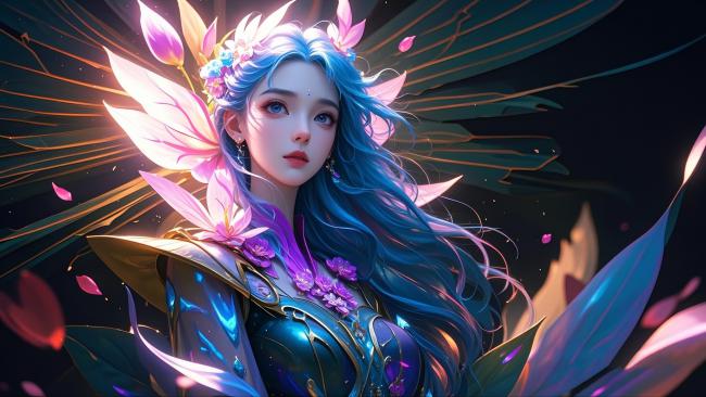 蓝发仙子花瓣飞舞幻想插画