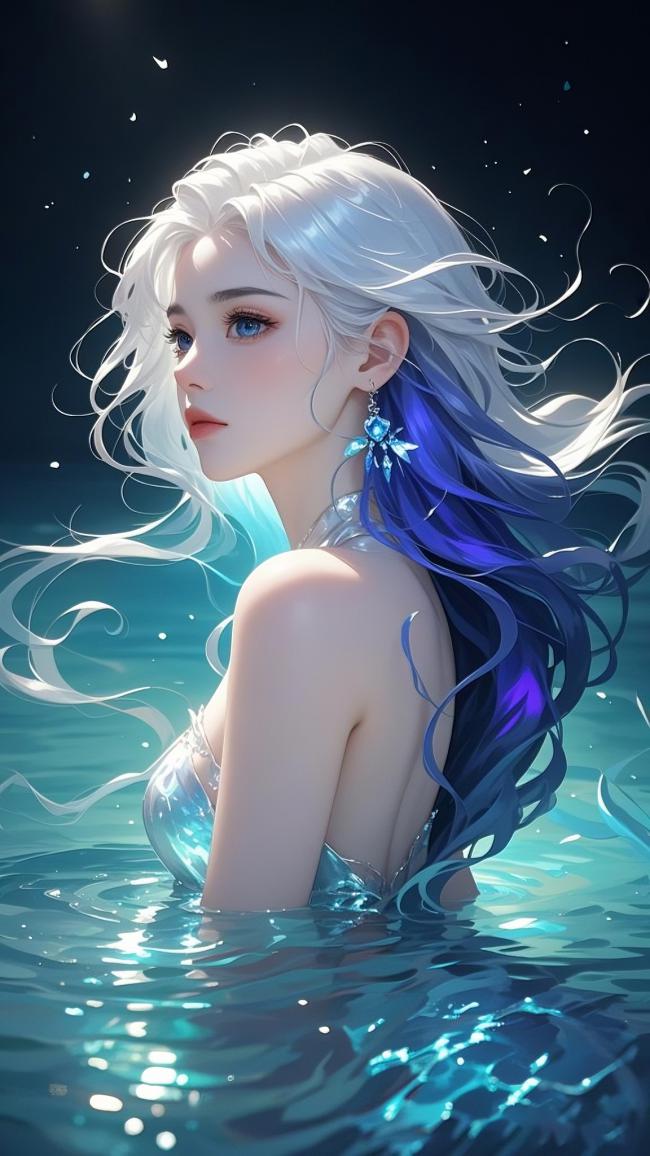 水下仙子蓝发飘逸，梦幻光影交织