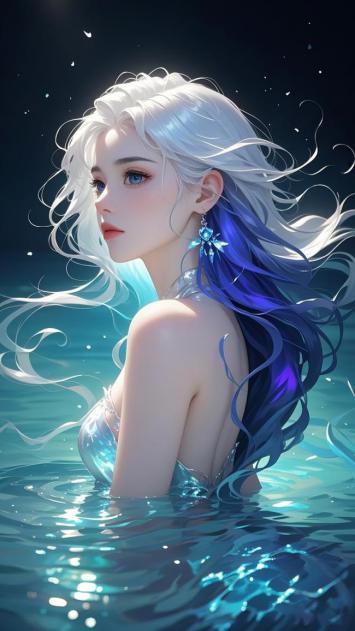 水下仙子蓝发飘逸，梦幻光影交织