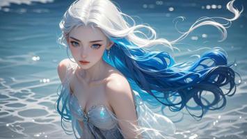 蓝发人鱼少女水下肖像3D渲染