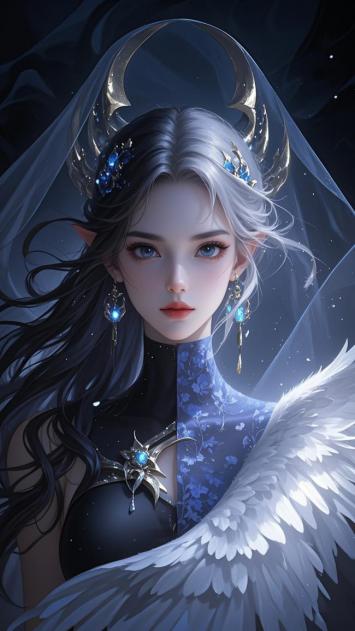 黑银双色精灵天使肖像插画