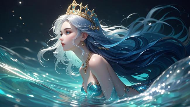 蓝发王冠美人鱼浮游深海幻境