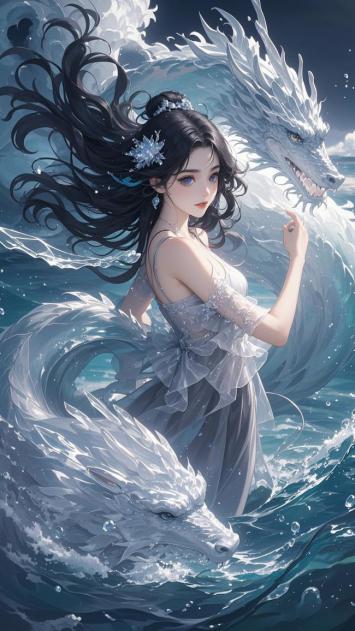 仙侠少女与双白龙共舞海浪间