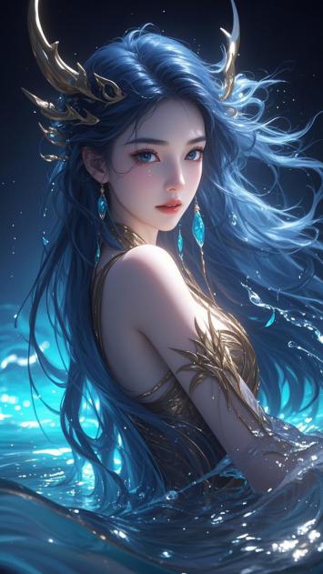 蓝发仙子水中回眸，仙气缭绕的玄幻神女图