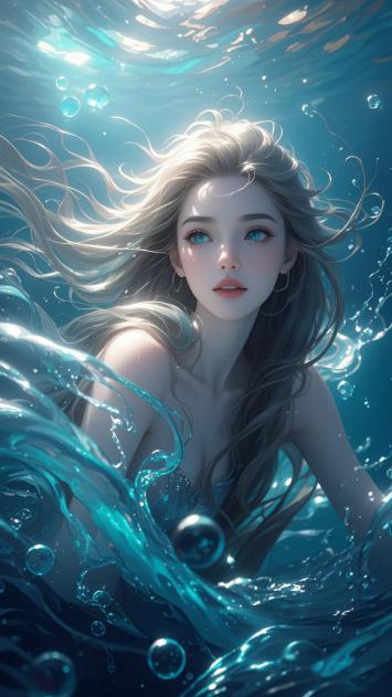 水下银发美人鱼插画，光影梦幻沉浸感