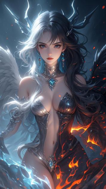 冰火双翼奇幻女战士赛博朋克插画