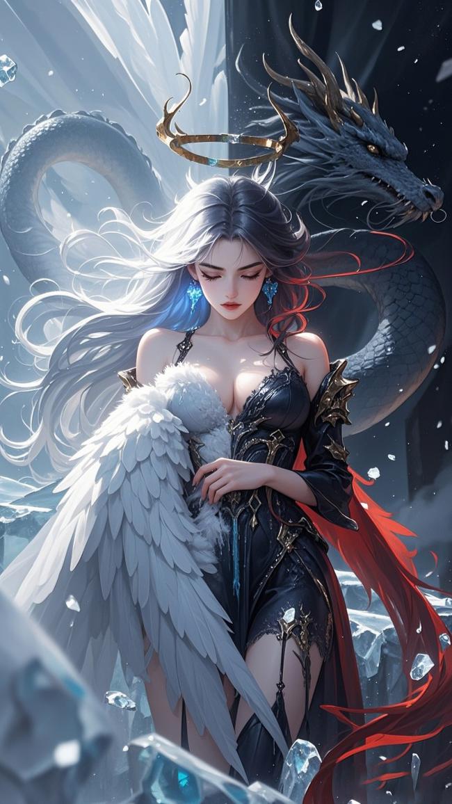 天使与黑龙共舞的奇幻对决场景