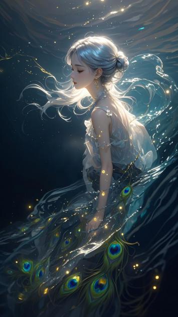 深海孔雀仙子：银发少女水下幻影