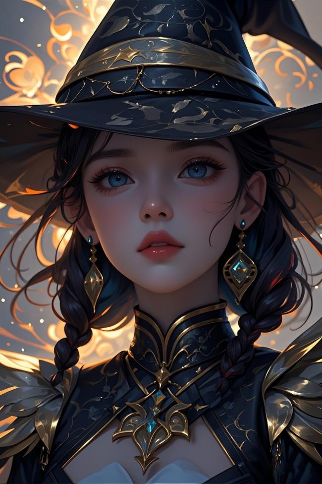 黑袍女巫蓝眸凝视，魔法符文环绕的写实肖像