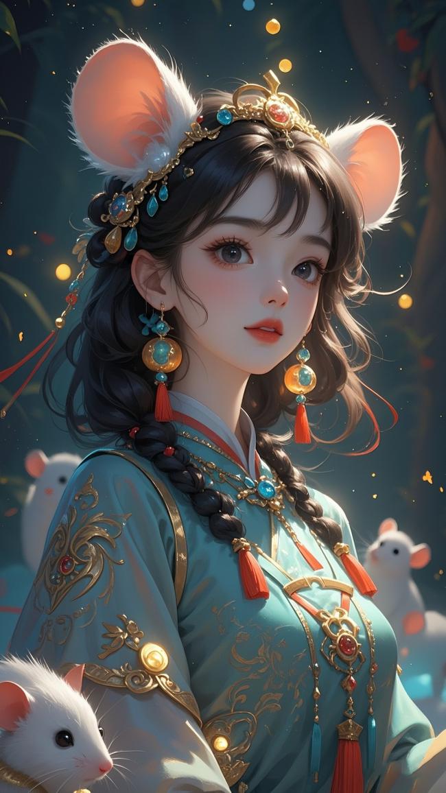 古风汉服少女鼠耳造型插画