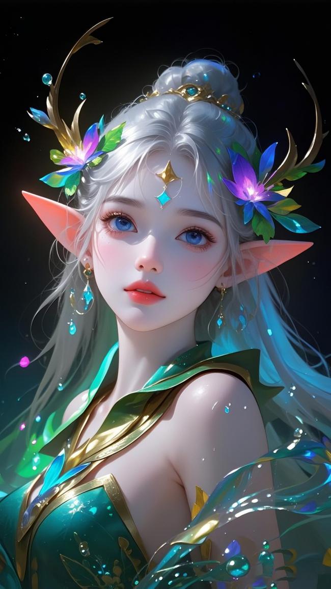 精灵少女3D幻想插画，蓝绿魔法光影交织