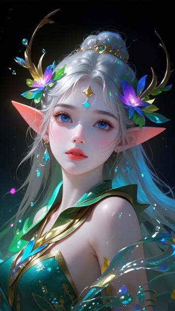 精灵少女3D幻想插画，蓝绿魔法光影交织