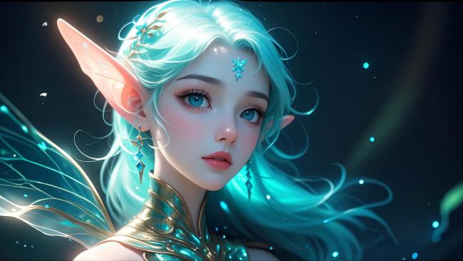 蓝发精灵少女3D奇幻肖像