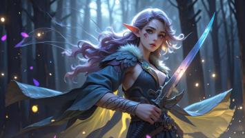 银发精灵女战士持剑立于幻境森林