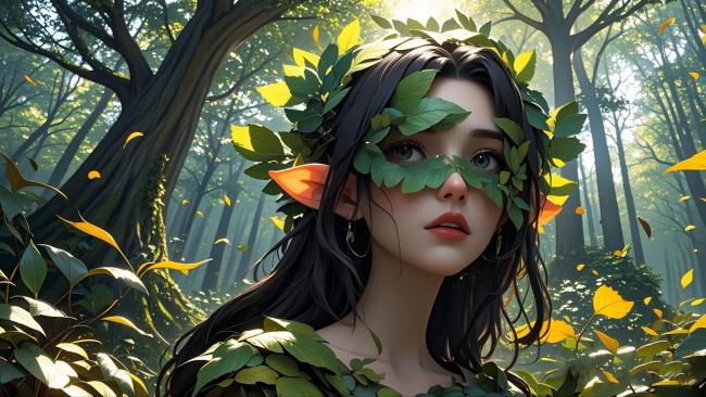 森林精灵少女写真：绿叶遮面的自然之灵