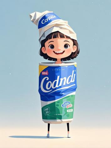 卡通女孩穿饮料罐装，萌趣赛璐璐风插画