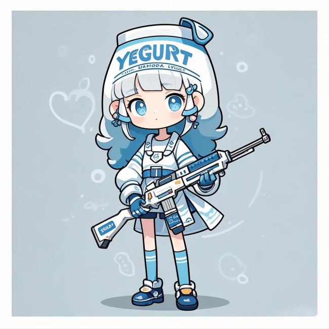 蓝发酸奶少女持枪立绘，赛璐璐风格萌系角色设计